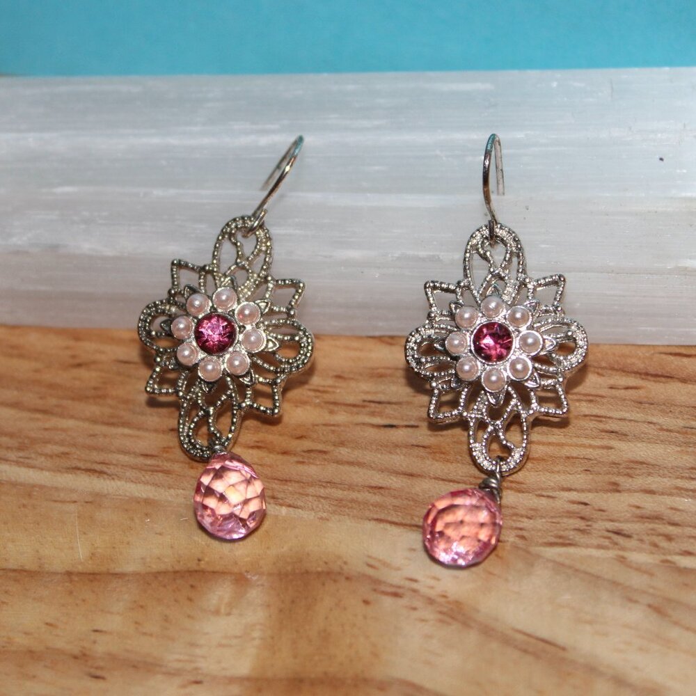 Rhinestone Bead Faux Pearl Dangle Earrings Pink Silver-tone
